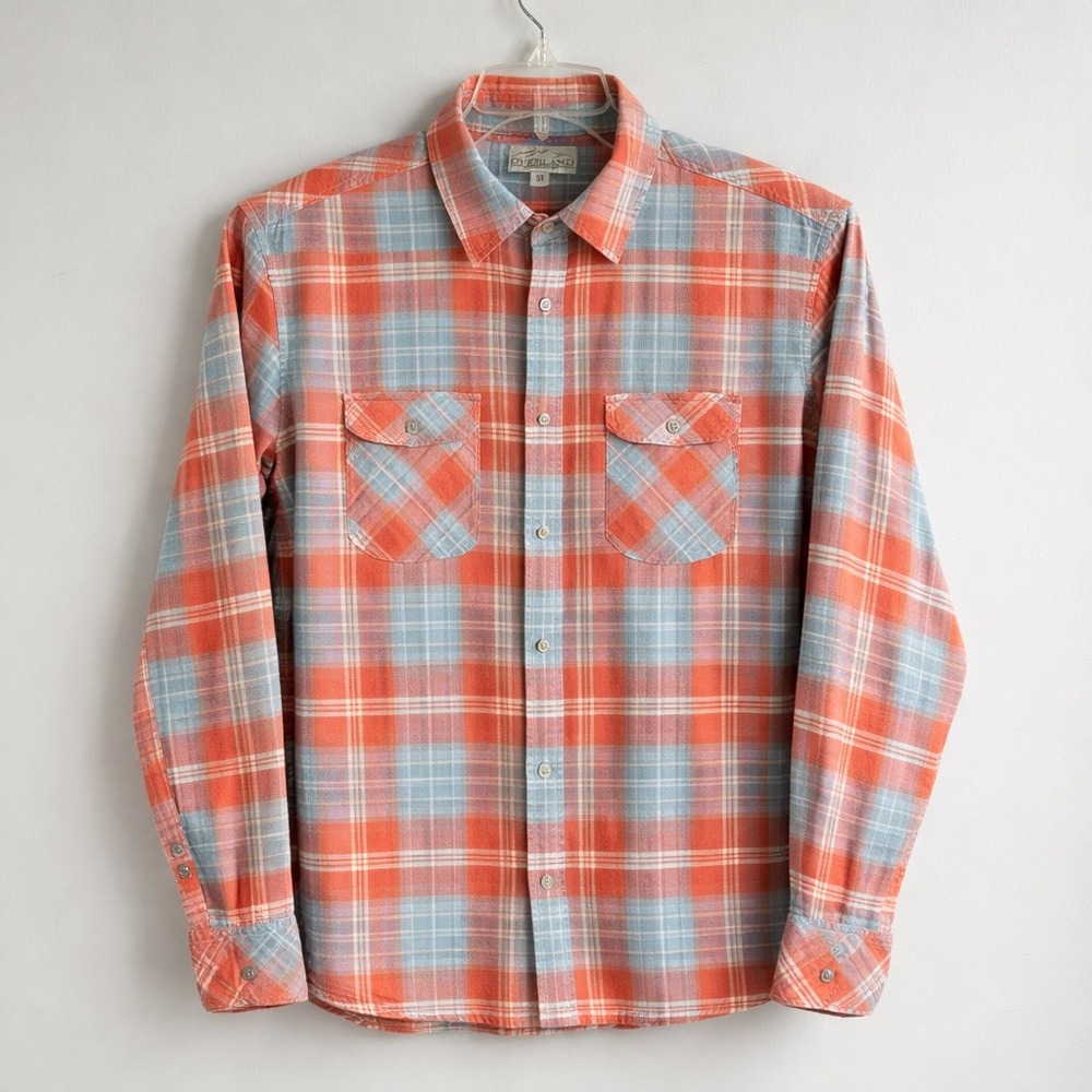 Overland Plaid Button‎ Up Shirt Mens M Orange Blue Western Workwear Flannel Snap